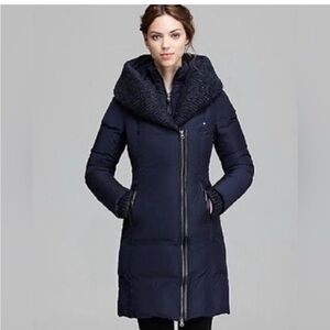 Mackage Brigid knit trim down coat in navy ink leather trim detail. Size xxs